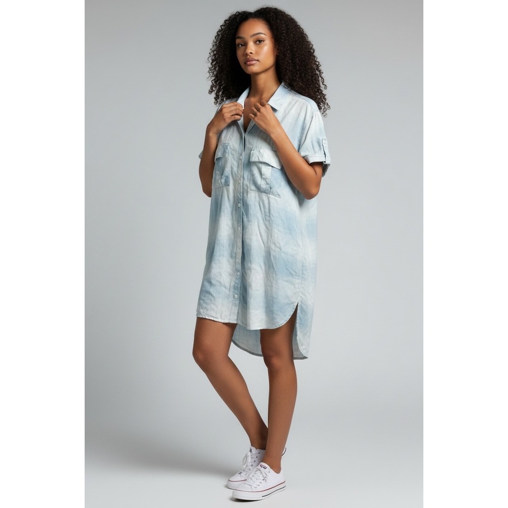 Rails Tencel Plaid Shirt Dress Light Blue White Short Sleeve Small